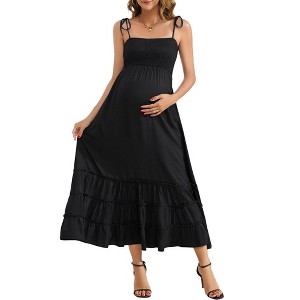 Sleeveless Maternity Dress Women's Summer Spaghetti Strap Smocked Tiered Flowy Maxi Dress for Baby Shower Photoshoot - 1 of 4