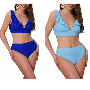 INSPIRE CHIC Women's Ruffle Trim V Neck Wide Strap Drawstring Tie Back Top Triangle Bottom Bikini Sets 2 Sets - 1 of 4