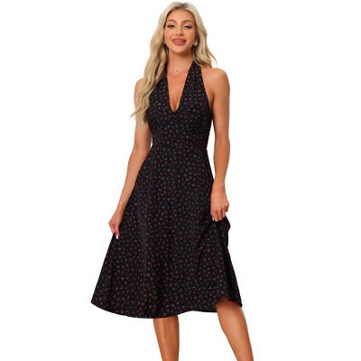 Allegra K Women's 1950s Vintage Halter Neck Cocktail Party Casual Cherry Print Sundresses