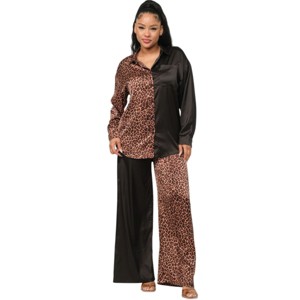 Slickblue Women's Satin Animal Print and Solid Color Two-Piece Set - Button Top & Wide Leg Pants, Size S-L - 1 of 4