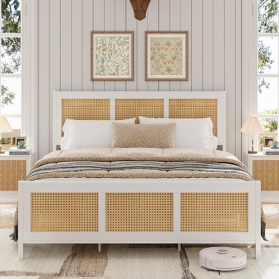 homfan Rattan Bed Frame with Headboard, Boho Cane Platform Bed Frame with Strong Metal Slat, Noise Free, No Box Spring Needed
