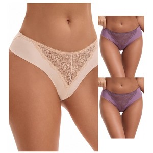 INSPIRE CHIC Women's Mid Waisted Briefs Smooth Silky Panties Soft Lace Breathable Underpants 3 Packs - 1 of 4