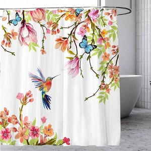 Shower Curtain Flower Hummingbird Set, 12 Hooks, Waterproof Autumn Bathroom Decor 72" L X 72" W - 1 of 4