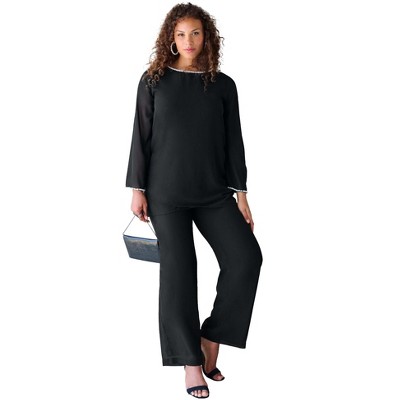 Roaman's Women's Plus Size Pearl-trim Pant Set - 40 W, Black : Target
