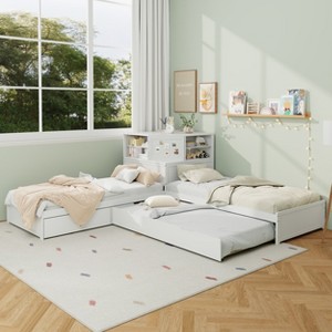 L-Shaped Combination Twin Size Bed Frame with Trundle & Drawer, 3-in-1 Low Corner Platform Bed Linked with Built-in Desk - ModernLuxe - 1 of 4