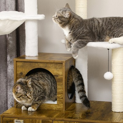 Rustic Brown Wooden Cat Tree with Litter Box Enclosure and Sisal Posts