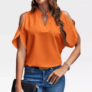 Womens Short Sleeve Blouse V Neck Clod Shoudler Tops Summer Casual Tops - 1 of 3