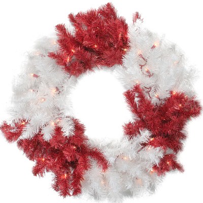 Allstate 29" Peppermint Twist Red and White Tinsel Christmas Wreath - Clear Lights