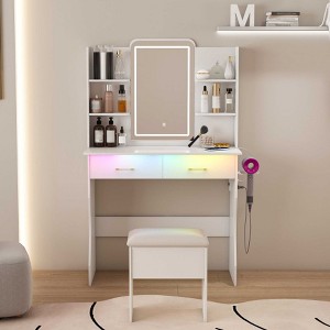 AENKYO Vanity Desk with 3 Adjustable LED Mirror, Makeup Table with RGB Lights, Storage Drawers & Stool for Bedroom, Dressing Table, White - 1 of 4