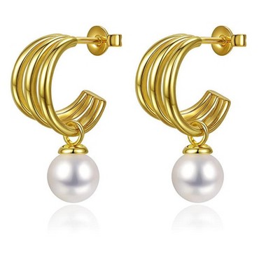 Molenia Pearl Earrings for Women, 14K Gold Plated 925 Sterling Silver Freshwater Pearl Dangle Drop Earrings Studs Jewelry