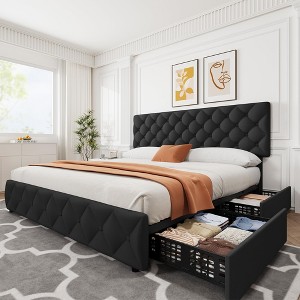 GOCAPTAIN Bed Frame with 4 Storage Drawers and Adjustable Headboard, Linen Upholstered Platform Bed Frame, Diamond Button Tufted - 1 of 4