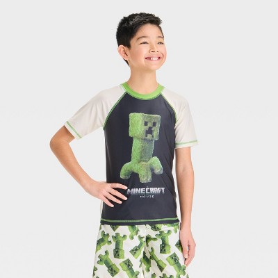 Boys' Minecraft Movie Art Rash Guard Top - Green/Black