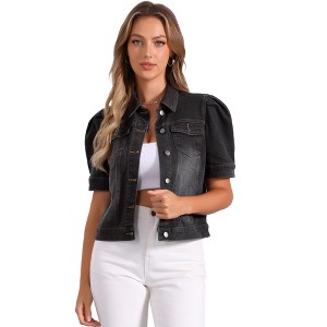 INSPIRE CHIC Women's Casual Short Puff Sleeves Button-Down Jean Denim Jacket - 1 of 4
