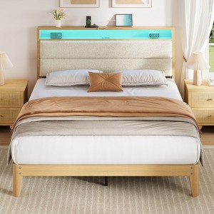 Coucheta Full Size Boucle Bed Frame with Headboard and LED Lights, Upholstered Platform Bed Frame with Charging Station - 1 of 4