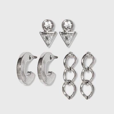 Crystal Stud Earring Set 3pc - A New Day™ Silver