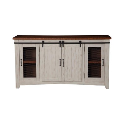 Antique White and Aged Distressed Pine 65" TV Stand with Cabinet