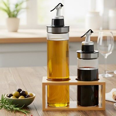 Garnen Oil and Vinegar Dispenser Set, 13.5oz & 22oz Oil Dispenser for Kitchen, Olive Oil Bottles + Wooden Rack, Cooking Oil Dispenser Glass Container — фото 4