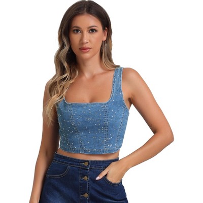 Allegra K Women's Denim Bustier Sleeveless Corset Crop Tops