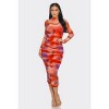Slickblue Women's Summer Mesh Ruched Midi Dress, Long Sleeve Smock Neck, Tomato/Purple Print, Size S-L - 2 of 4