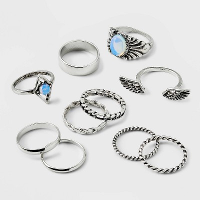 Moonstone and Frozen Chain Wings Ring Set 10pc - Wild Fable™ Silver