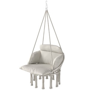 Hammock Swing Chair, Macrame Hanging Chair with Large Cushion, Chain, Steel Frame for Indoor Outdoor Use - 1 of 4