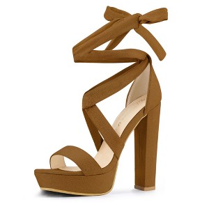 Allegra K Women's Open Toe Soft Insole Lace Up Platform Block Heel Sandals - 1 of 4