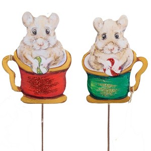 17.25 In Tea Time Mice Set/2 Stakes Peppermint Cup Decorative Garden Stakes - 1 of 3