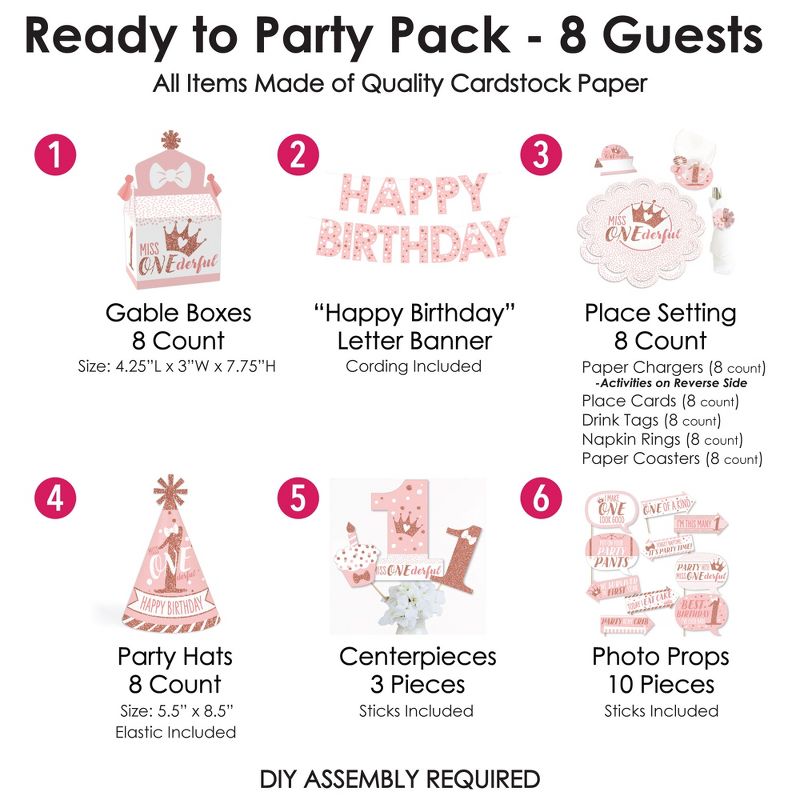 Big Dot of Happiness 1st Birthday Little Miss Onederful - Girl First Happy Birthday Party Supplies Kit - Ready to Party Pack - 8 Guests, 3 of 7