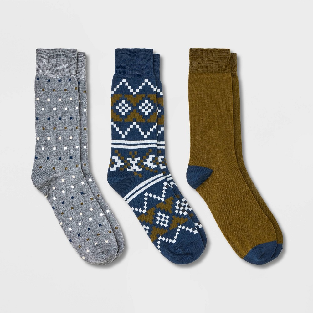 Men's Fairisle Socks 3pk - Goodfellow & Co Blue/Tan Size 7-12