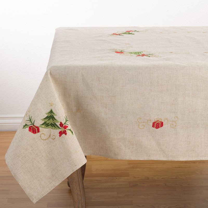 Saro Lifestyle Embroidered Christmas Tree Design Holiday Linen Blend Tablecloth, 2 of 5