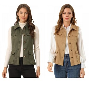 INSPIRE CHIC Women's Buttoned Sleeveless Faux Suede Utility Vest with Cargo Pocket 2 Packs - 1 of 4