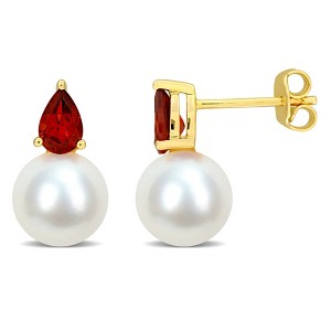 EVERLY JEWELRY | Yellow Plated Sterling Silver 1 CT TGW Garnet & 8.5 - 9 MM Cultured Freshwater Pearl Fashion Post Earrings - 1 of 4