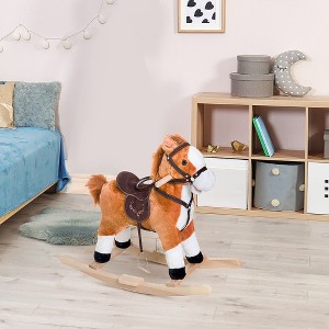 Whisen Kids’ Plush Rocking Horse with Neighing and Galloping Sounds, Saddle, Footrest, Ride-On Rocking Toy Gift for 3+ Years Old - Brown - 1 of 4