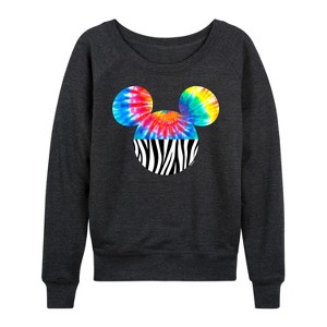 Women's - Disney - Tie Dye Zebra Fill Mickey Lightweight French Terry Wide Neck Long Sleeve Graphic Shirt - 1 of 4
