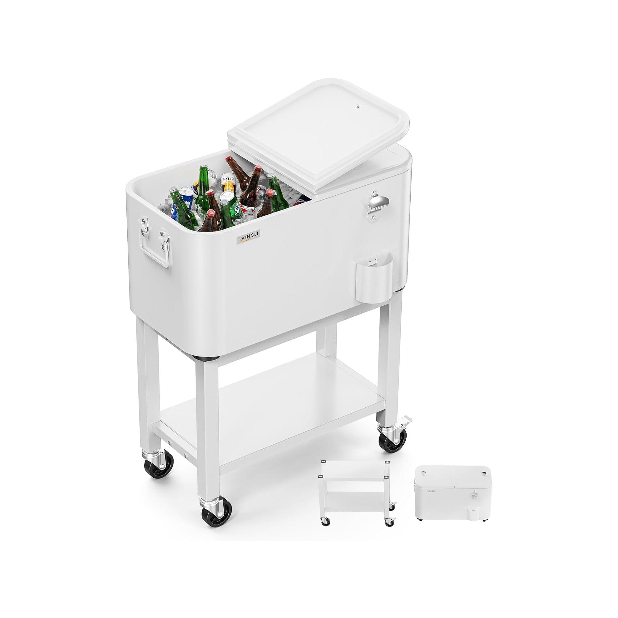 VINGLI Patio Cooler, Rolling Ice Chest on Wheels, Portable Patio Party Bar Drink Cooler Cart White