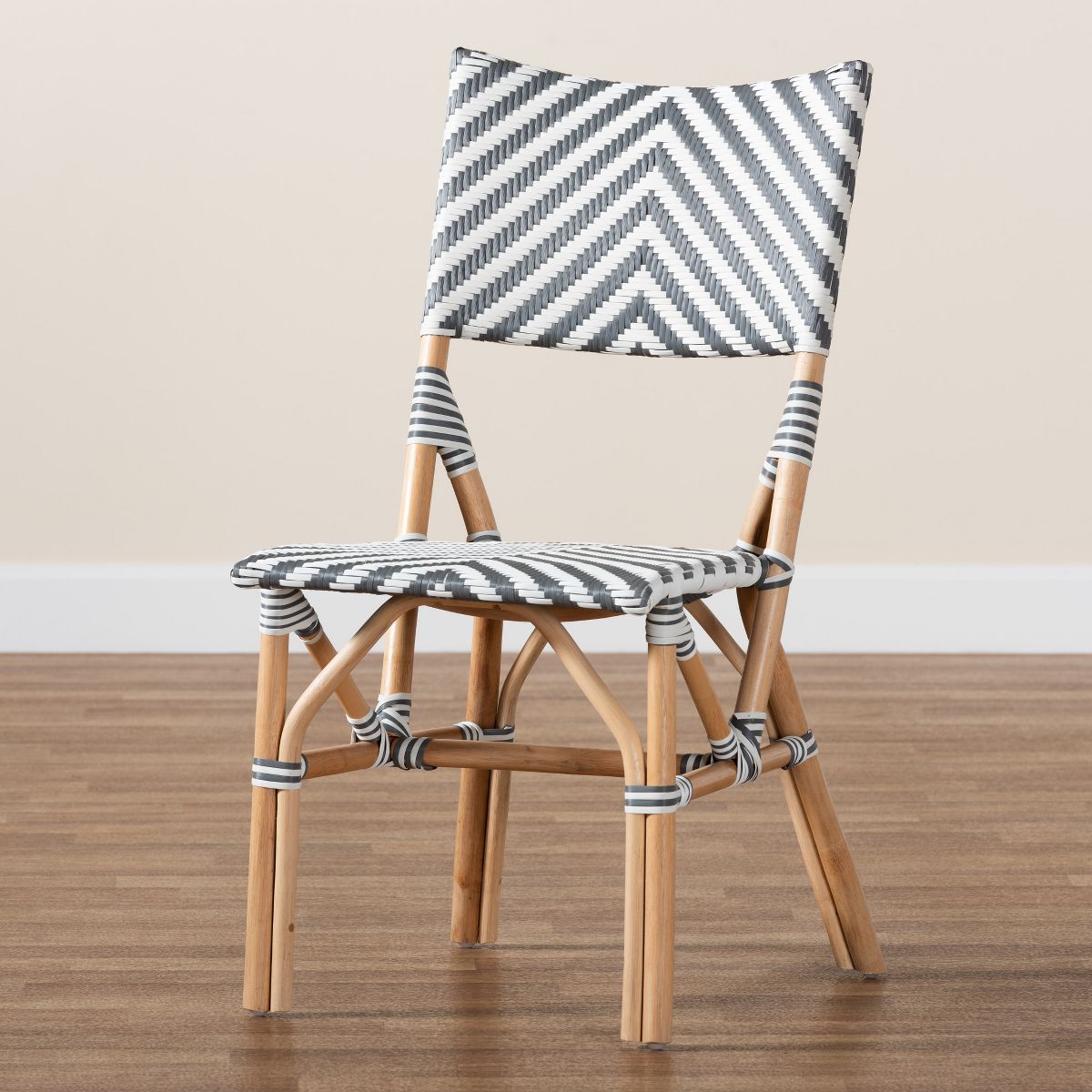bali & pari Shai Modern French Grey and White Weaving and Natural Rattan Bistro Chair - thumbnail 9