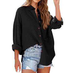 Clearlove Shirt Women Ladies Summer Stand Collar Loose Button Up Women Solid Color Shirts Casual Pocket Shirts Tops Button Down Shirt - 1 of 4