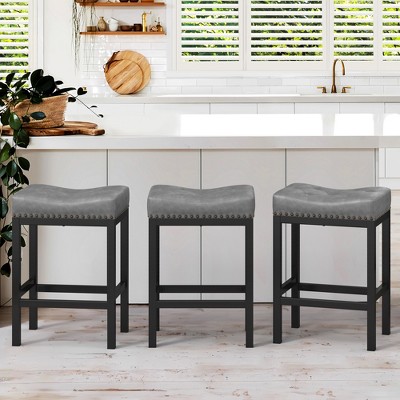 Arceso Counter Height Bar Stools, 24 Inch Saddle Backless Bar Stools Set of 3, Faux Leather Counter Stools with Metal Legs