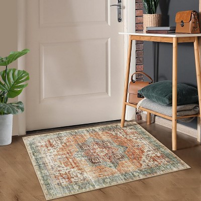 Area Rug Washable Entryway Rug, Distressed Vintage Accent Rug for Bedroom, Living Room, Bathroom