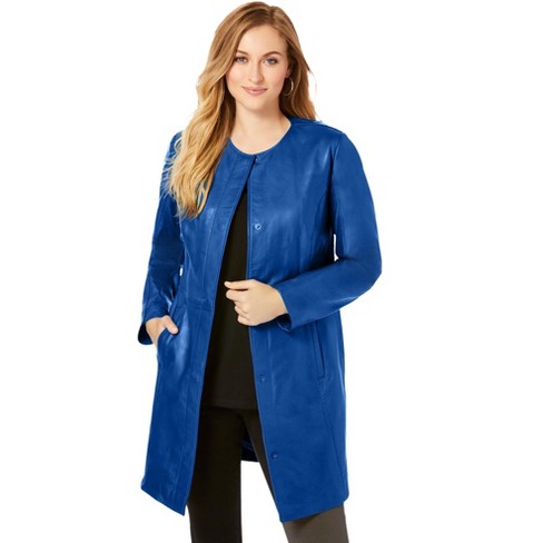 Jessica London Women s Plus Size Three Quarter Length Jacket Real Leather Oversized Long Coat 16 W Dark Sapphire Blue