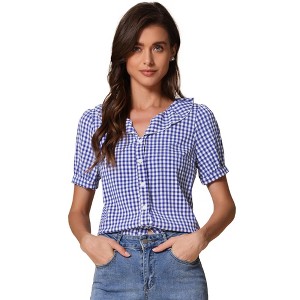 INSPIRE CHIC Women's Plaid Gingham Puff Sleeve Ruffle Peter Pan Collar Shirt - 1 of 4
