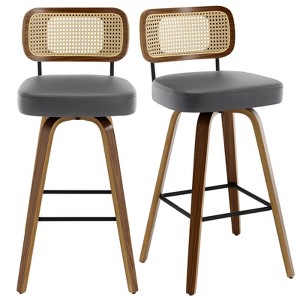 Bekrvio Swivel Counter Height Bar Stools, 29" Faux Leather Upholstered with with Rattan Back, Black for Kitchen Counter - 1 of 4