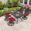 5-Piece Outdoor Dining Set, Cast Aluminum Rectangle Table with Swivel Chairs, Red Cushions, Umbrella Hole - 2 of 4