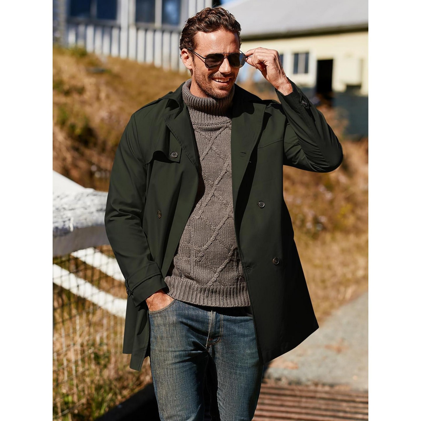 Мужская куртка Runcati Mid Length Double Breasted Trench Coat Lapel Windbreaker With Belt Business Casual Outerwear For All Seasons Khaki, цвет: Чёрный — фото 3