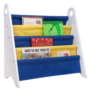 WildKin Premium Modern Kids' Sling Bookshelf White Wood with Yellow/Dark Blue: 4 Shelves, MDF Frame, Ages 3-10, 24" Height - 1 of 4