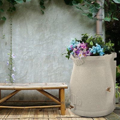 Sandstone Polyethylene 50 Gallon Urn Rain Barrel with Planter