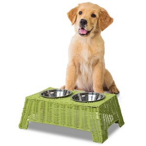 THE LICKER STORE Serenity 6.9" Small/Medium Elevated Wicker Pet Feeder w/ 18oz (2.2 Cups) 2-Stainless Steel Bowls - 1 of 4
