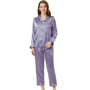 Allegra K Women's Satin Button Down Sleepshirt with Pants Sleepwear Pajama Set - 1 of 4