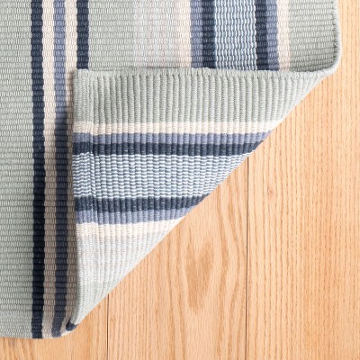 Blue and Green Stripe Handwoven Cotton Rug, 2' x 3'