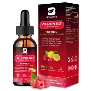 B Beworth Vitamin B12 Liquid Drops 10,000 mcg, Fast Absorption, Supports Immunity, Energy & Brain, Vegan, Gluten Free, Non-GMO, 2 fl.oz - 1 of 4